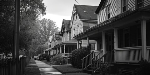 Poster - A black and white photo showcasing a row of houses. Perfect for architectural and real estate projects