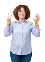 Poster - Beautiful middle ager senior businees woman wearing glasses over isolated background showing and pointing up with fingers number seven while smiling confident and happy.