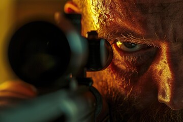 Poster - A close up image of a man holding a gun. This picture can be used to depict crime, danger, law enforcement, self-defense, or action scenes
