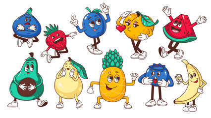 Poster - Groovy fruit cartoon characters set. Funny strawberry avocado peach banana pineapple fig pear plum watermelon. Retro fruit and berry cartoon mascots, food stickers of 70s 80s vector illustration