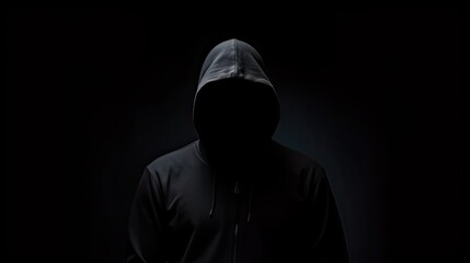 intriguing image of a mysterious hacker wearing a black hood in the dark, isolated and shrouded in s