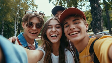 Poster - A group of friends capturing a moment with a selfie in a park. Perfect for social media posts and friendship-themed designs