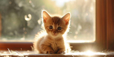 Poster - A small kitten sitting in front of a window. Perfect for pet lovers or home decor themes