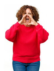 Poster - Beautiful middle ager senior woman red winter sweater over isolated background Shouting angry out loud with hands over mouth