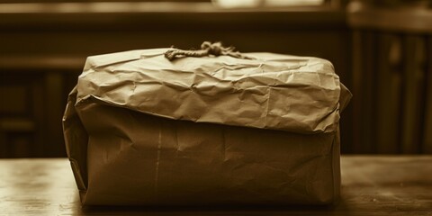 Poster - A simple image of a brown paper bag placed on a wooden table. This versatile picture can be used in various contexts