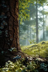 Poster - A picture of a tree standing in the middle of a forest. This image can be used to depict nature, tranquility, or environmental themes