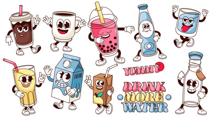 Wall Mural - Groovy cartoon drink characters and typography stickers set. Funny patches of Yummy, Drink More Water text, retro takeaway cup or bottle mascots. Cartoon emoji of 60s 70s style vector illustration