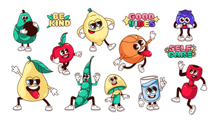 Poster - Groovy healthy lifestyle cartoon characters and stickers set. Funny retro healthy avocado and apple, lemon and peas, gym dumbbell and ball mascot cartoon collection of 70s 80s vector illustration