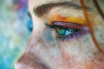 Poster - A close up of a woman's eye with vibrant and colorful makeup. Perfect for beauty and fashion related projects