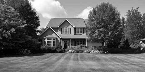 Poster - A black and white photo of a house. Perfect for architectural projects and real estate advertisements
