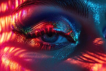 Poster - A detailed close-up of a person's eye with sparkling glitter. This image can be used for various creative projects and makeup tutorials
