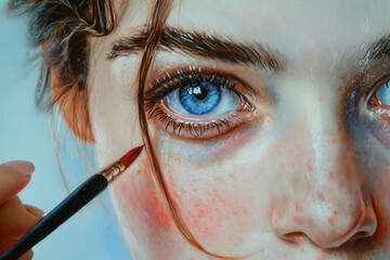 Poster - A painting of a woman with captivating blue eyes holding a brush. Perfect for artistic projects and creative designs
