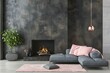 Pink pillow on the gray sofa near fireplace. Scandinavia interior design of modern living room