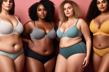 Multiracial group of women with different body and ethnicity posing together to show the woman power and strength. Curvy and skinny kind of female body concept ( body positive, body acceptance )