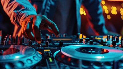 Aufkleber - A DJ is seen playing music on a turntable. This image can be used to depict a DJ performing at a party or nightclub.