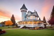 victorian house with turret and manicured front lawn