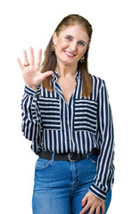 Poster - Middle age mature business woman over isolated background showing and pointing up with fingers number five while smiling confident and happy.