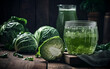 A glass of cabbage juice and green cabbage on a rustic wood table. Green juice detox. Healthy detox diet.