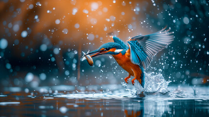 kingfisher (alcedo atthis) flying after emerging from water with caught fish prey in beak. kingfishe