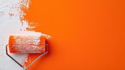 Poster - A paint roller with orange paint is shown on an orange wall. This image can be used for home improvement or interior design projects