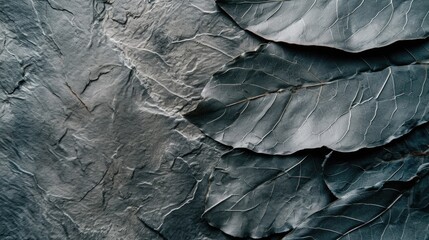 Poster - A detailed view of a leaf resting on a textured stone wall. This image can be used to add a natural element to various design projects
