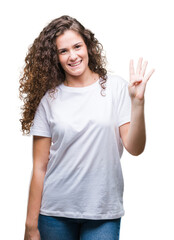 Sticker - Beautiful brunette curly hair young girl wearing casual t-shirt over isolated background showing and pointing up with fingers number four while smiling confident and happy.