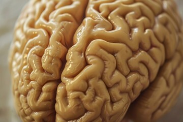 Poster - A detailed close-up view of a model representing the intricate structure of a human brain. This image can be used to illustrate neuroscience, psychology, medical research, or educational materials