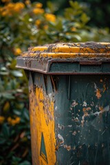 Poster - A green and yellow trash can sitting in front of a bush. Ideal for depicting waste management and environmental conservation