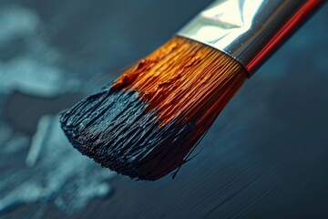 Poster - A close up view of a paint brush resting on a table. This image can be used for various creative projects