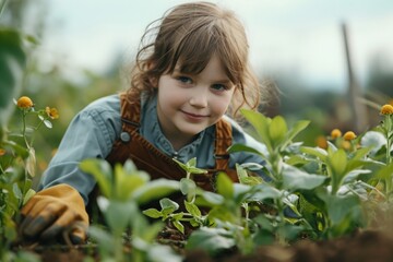 Poster - A young girl standing in a field filled with colorful flowers. Perfect for nature and innocence-themed projects