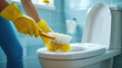 Close-up of Housework or house keeping service cleaning dust in toilet, cleaning agency small business. Set of professional equipment for cleaning home
