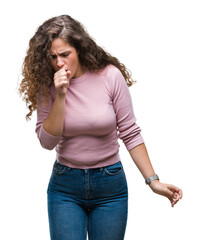 Sticker - Beautiful brunette curly hair young girl wearing pink sweater over isolated background feeling unwell and coughing as symptom for cold or bronchitis. Healthcare concept.