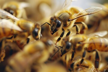 Poster - A group of bees standing in the dirt. This image can be used to illustrate the behavior of bees or to showcase the importance of bees in pollination