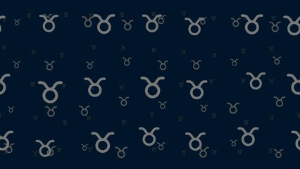 Poster - Zodiac taurus symbols float horizontally from left to right. Parallax fly effect. Floating symbols are located randomly. Seamless looped 4k animation on dark blue background