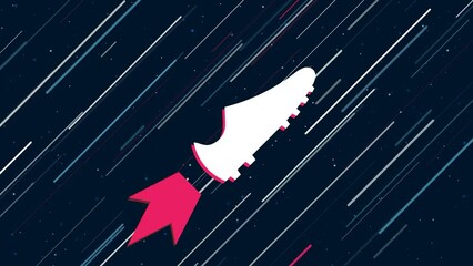 Poster - Football boot symbol flies through the universe on a jet propulsion. The symbol in the center is shaking due to high speed. Seamless looped 4k animation on dark blue background with stars