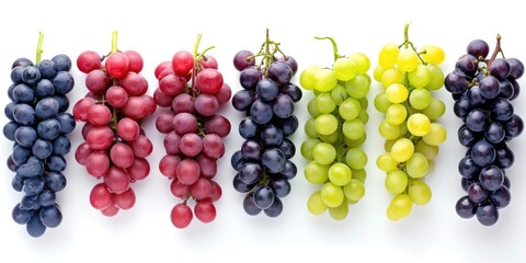 Poster - A row of different colored grapes on a white surface. Suitable for food and beverage-related designs