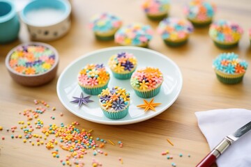 Sticker - decorating cupcakes with colorful icing and sprinkles