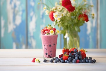 Wall Mural - frozen berries beside fresh berry smoothie in glass