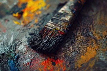 Poster - A detailed view of a paintbrush resting on a palette. Ideal for art-related projects and designs