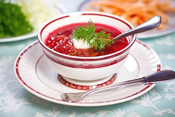 Wall Mural - borscht in an elegant bowl with a parsley garnish, fine silverware to the side
