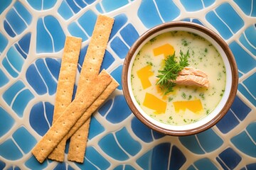 Wall Mural - overhead shot of soup with parsley garnish and crackers