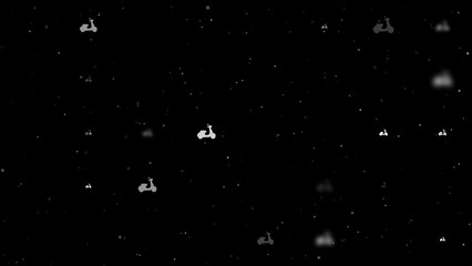 Poster - Template animation of evenly spaced scooter symbols of different sizes and opacity. Animation of transparency and size. Seamless looped 4k animation on black background with stars