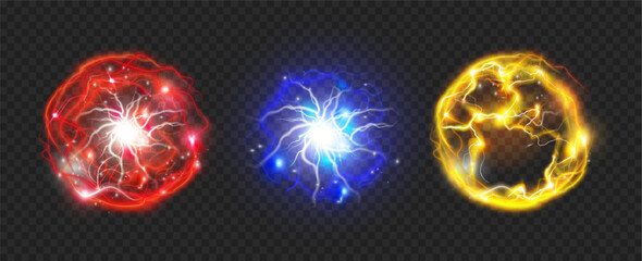 Poster - Powerful electrical discharge, energy balls magical effect design elements. Vector isolated round spheres on transparent background. Thunderbolt and burst of glowing bright electricity flash