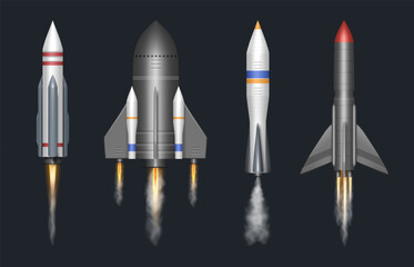 Aufkleber - Taking off realistic rocket, isolated futurist spaceship launching with smoke and fire. Vector cosmos exploration and traveling to galaxy. Cosmonaut team on mission in flying modern spacecraft