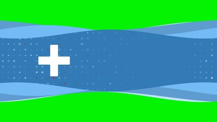 Poster - Animation of blue banner waves movement with white plus symbol on the left. On the background there are small white shapes. Seamless looped 4k animation on chroma key background