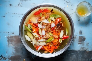 Poster - overhead of a bowl mixing fresh ferment hot sauce ingredients