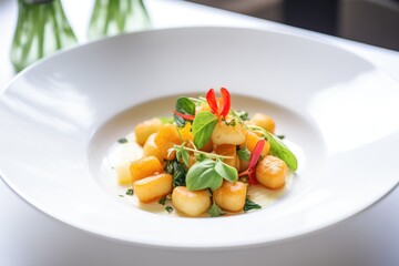 Poster - gnocchi on a white plate with basil garnish