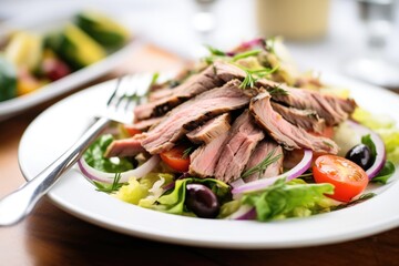 Sticker - sliced gyro meat atop a greek salad with a fork