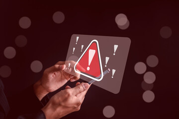 Poster - Maintenance Fixing System warning on internet or caution sign symbol. Notification error. cyber attack on computer network. Cybersecurity vulnerability, data breach, illegal connection.