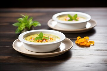 Canvas Print - bowls of gazpacho soup garnished with cucumber and mint